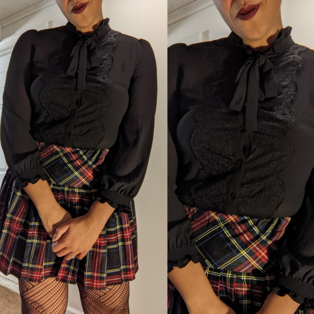 Lace and ruffle trim black blouse